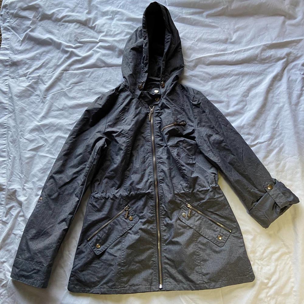 Ellen Tracy Jacket Hooded Adjustable Rain Size S Gray/Black Trench Coat